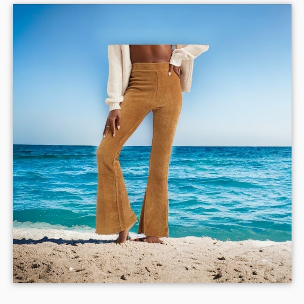 - AERIE GROOVE-ON RIB VELOUR FLARE PANT-Stretch waist Sz Xl rusty tan-​​…
